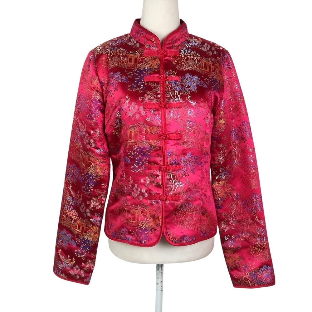 Vintage Y2K Old Navy Pink Satin Embroidered Asian-Inspired Jacket M